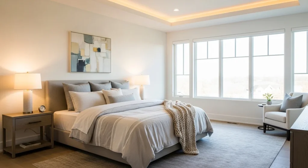 Modern master bedroom with neutral tones and layered bedding, showcasing a stylish 2026 interior design