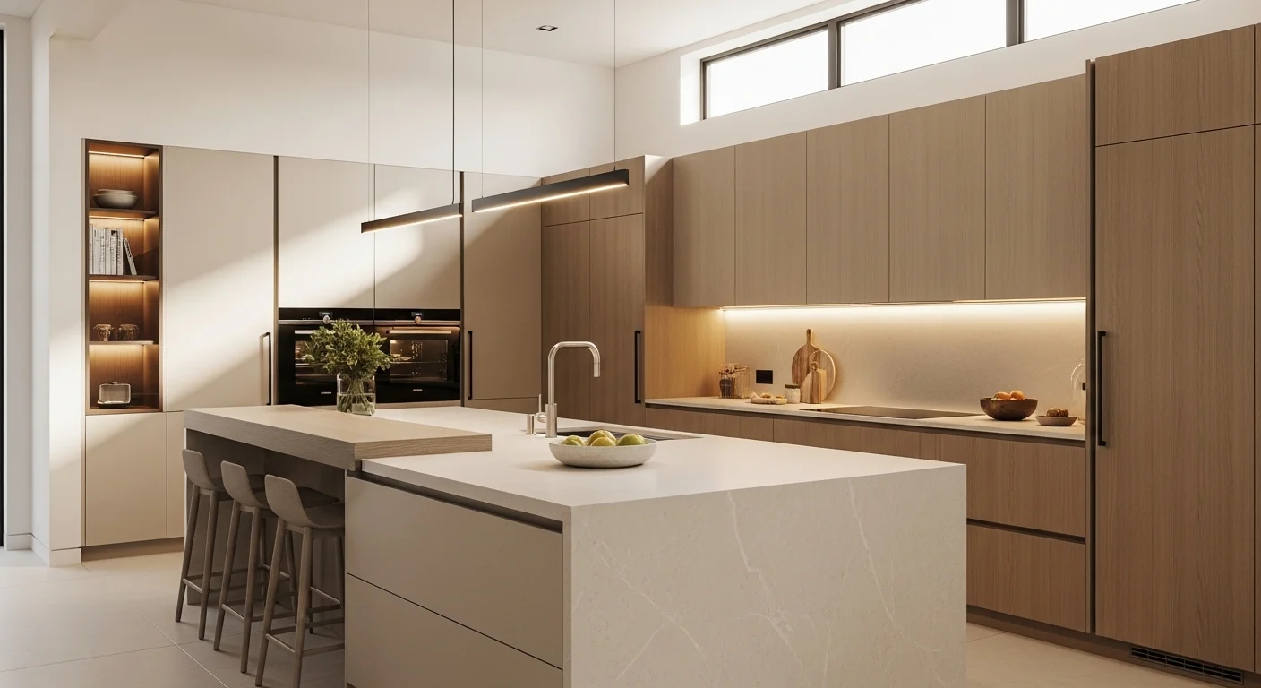 Modern 2026 kitchen design featuring warm minimalist style, neutral cabinets, large island, and contemporary interior trends