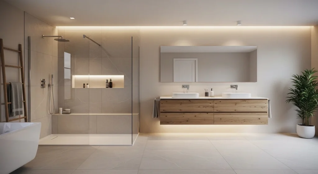 Modern 2026 bathroom design featuring spa-inspired neutral tones, walk-in shower, floating vanity, and soft ambient lighting