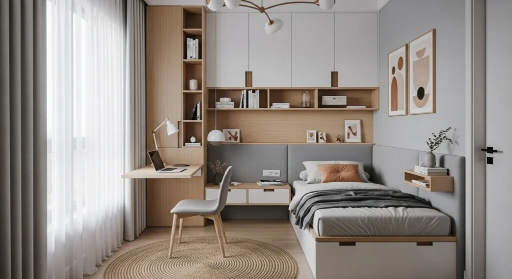 Modern small bedroom design showing smart space saving layout and cozy minimalist interior ideas for 2026