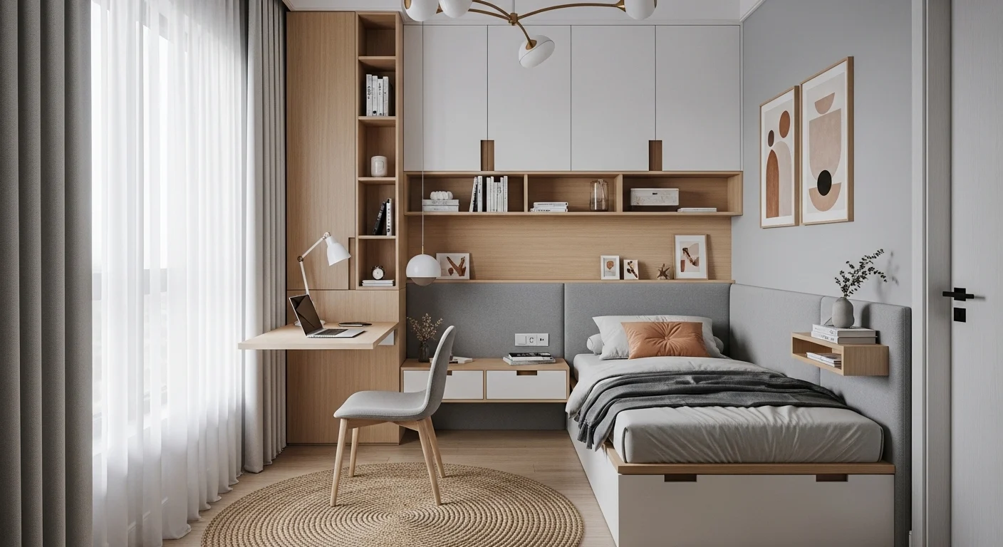 Modern small bedroom design showing smart space saving layout and cozy minimalist interior ideas for 2026