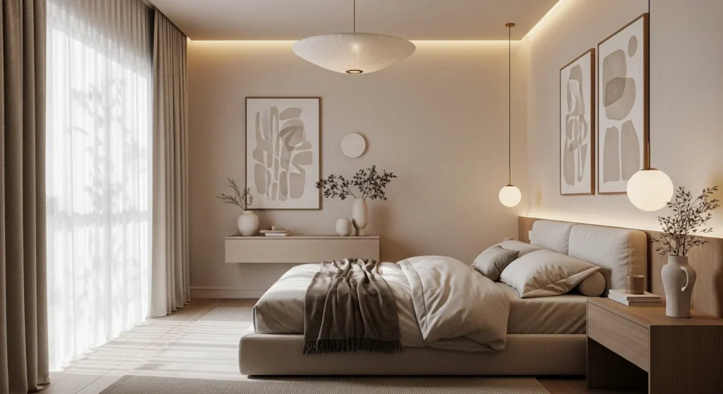 Modern neutral bedroom design with beige tones and soft textures creating a calm and stylish 2026 bedroom interior.