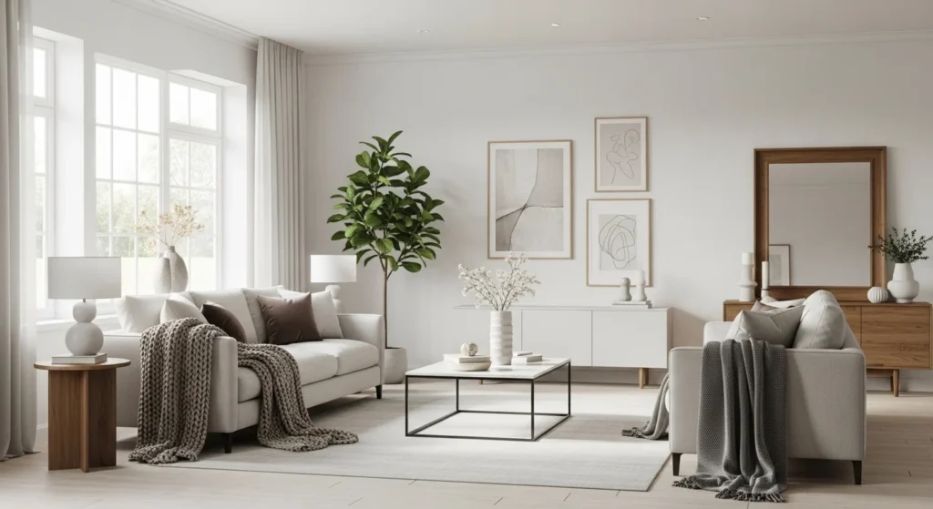 Bright modern white living room with neutral furniture, soft textures, natural light and contemporary styling for 2026 home interiors