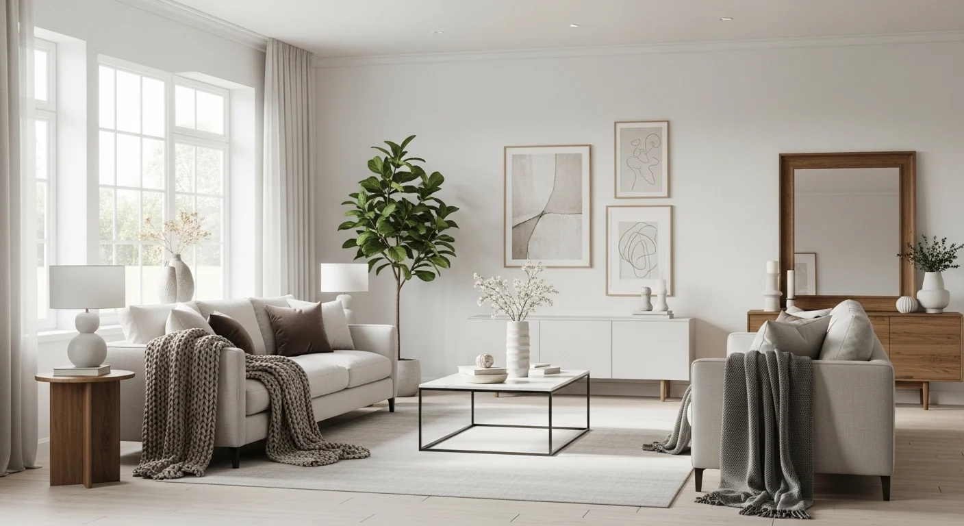 Bright modern white living room with neutral furniture, soft textures, natural light and contemporary styling for 2026 home interiors