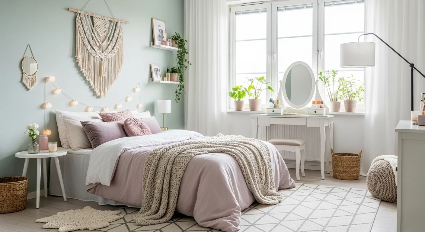 Modern girls bedroom ideas 2026 featuring pastel colors, cozy lighting, aesthetic decor and stylish feminine interior design