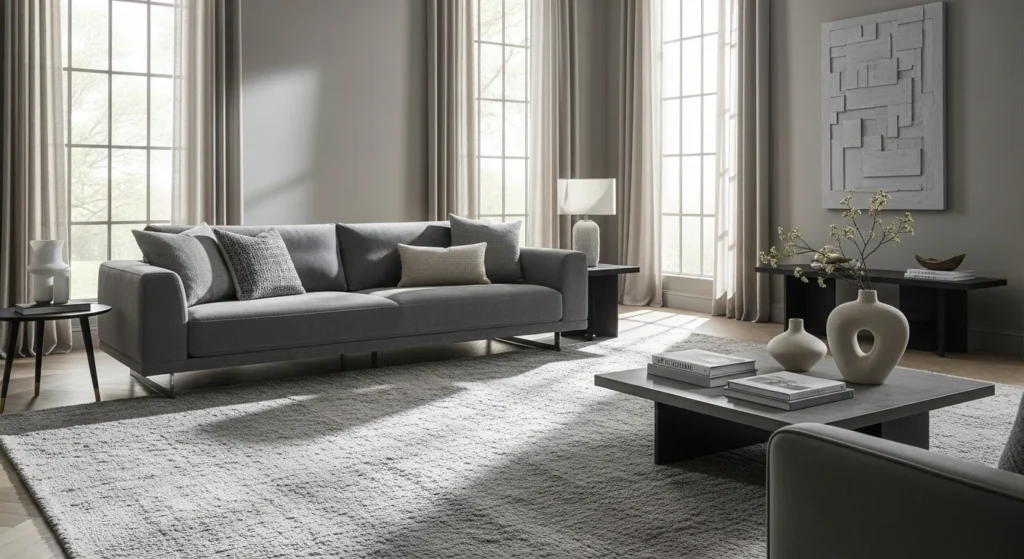 Modern gray living room showcasing stylish furniture, neutral tones, and contemporary interior design trends for 2026.