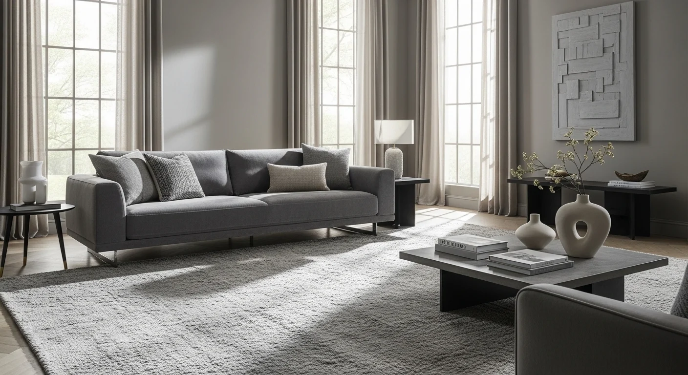Modern gray living room showcasing stylish furniture, neutral tones, and contemporary interior design trends for 2026.