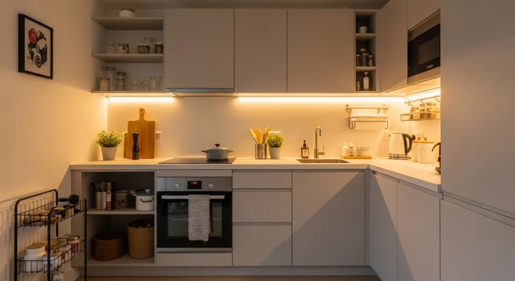 Modern small kitchen design showcasing smart storage, light colors, and space-saving layout trends for 2026