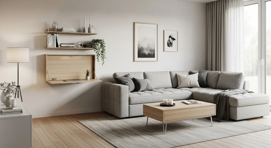 Modern compact living room design showcasing smart furniture layout and space-saving decor ideas for 2026 interiors