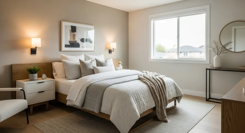 Modern guest bedroom design with neutral tones and cozy styling inspired by 2026 interior trends