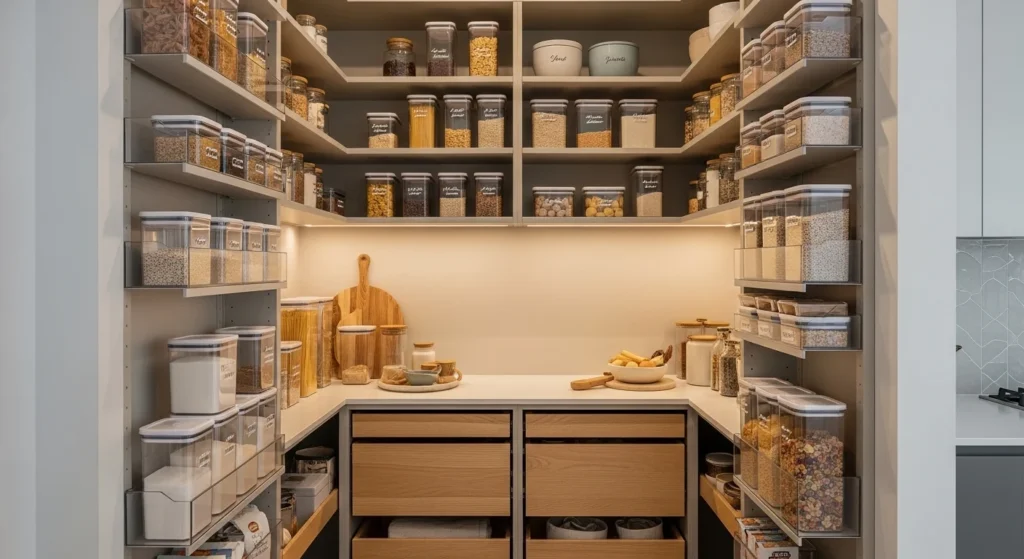 Modern small kitchen pantry with smart storage shelves and organized containers designed for compact homes in 2026