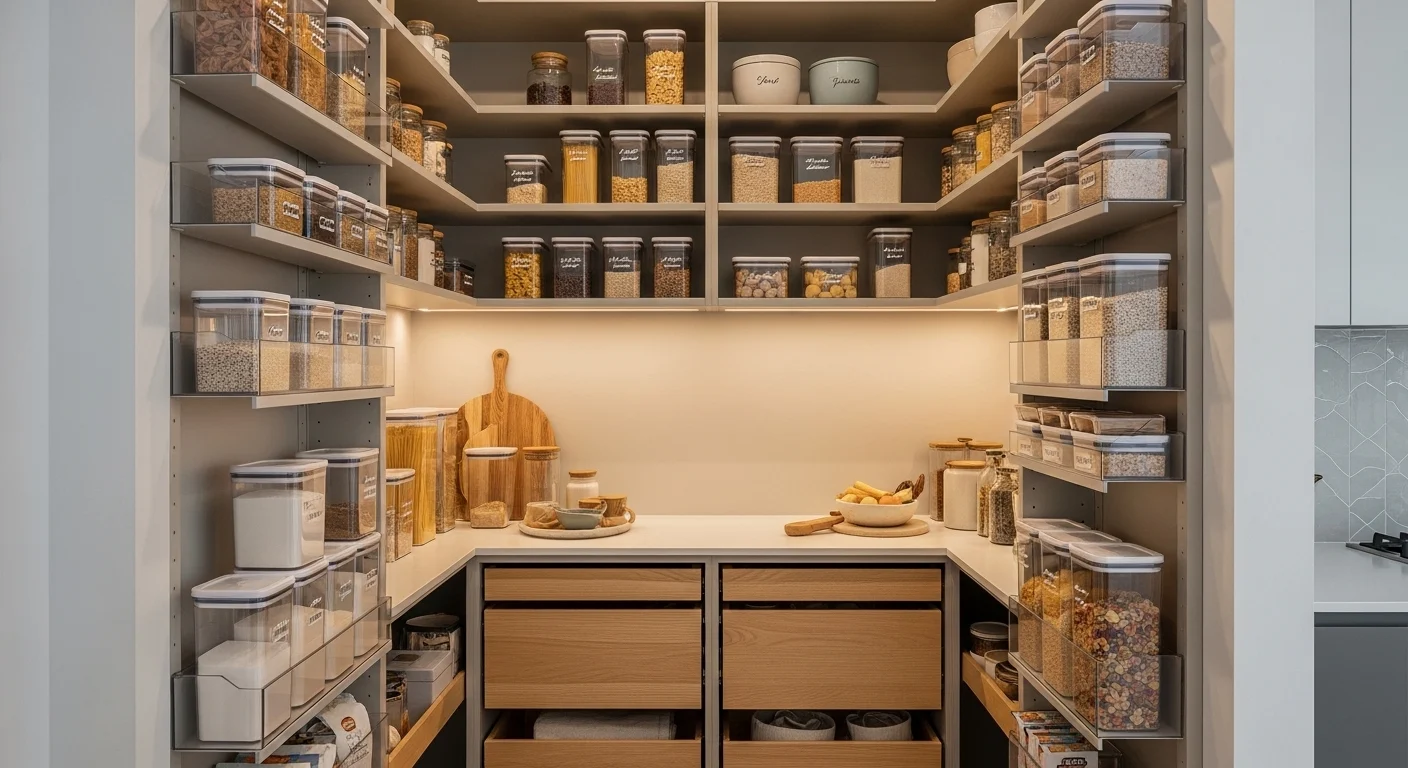 Modern small kitchen pantry with smart storage shelves and organized containers designed for compact homes in 2026