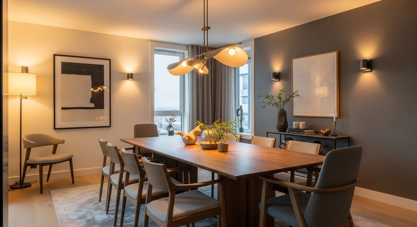 Modern dining room design showcasing stylish furniture and warm lighting inspired by 2026 interior trends