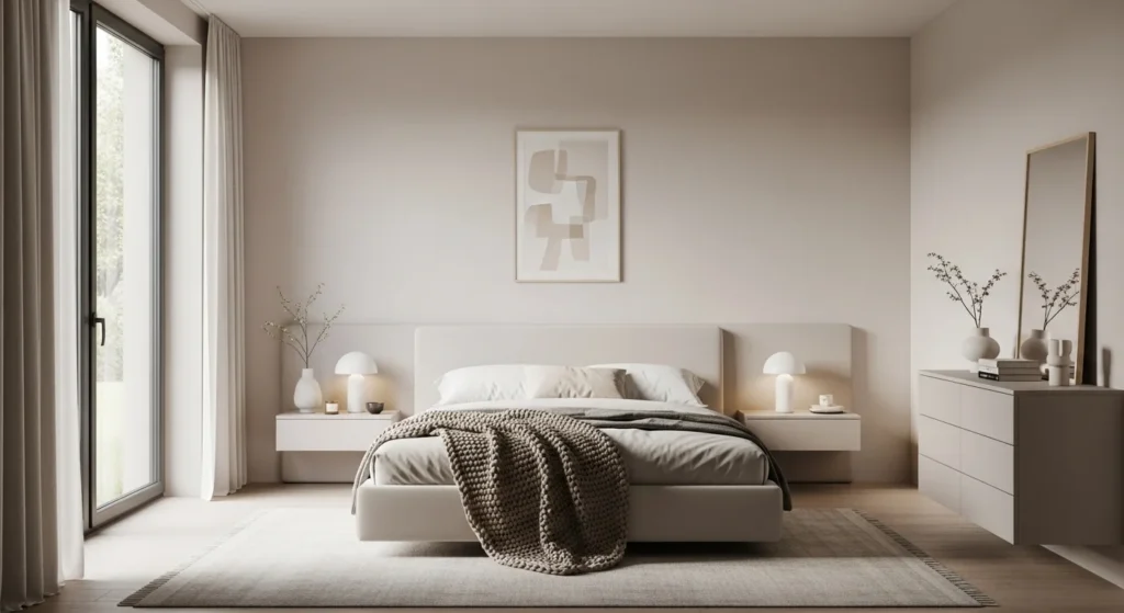 Modern minimalist bedroom interior showcasing neutral tones, clean furniture, and calming 2026 bedroom design trends