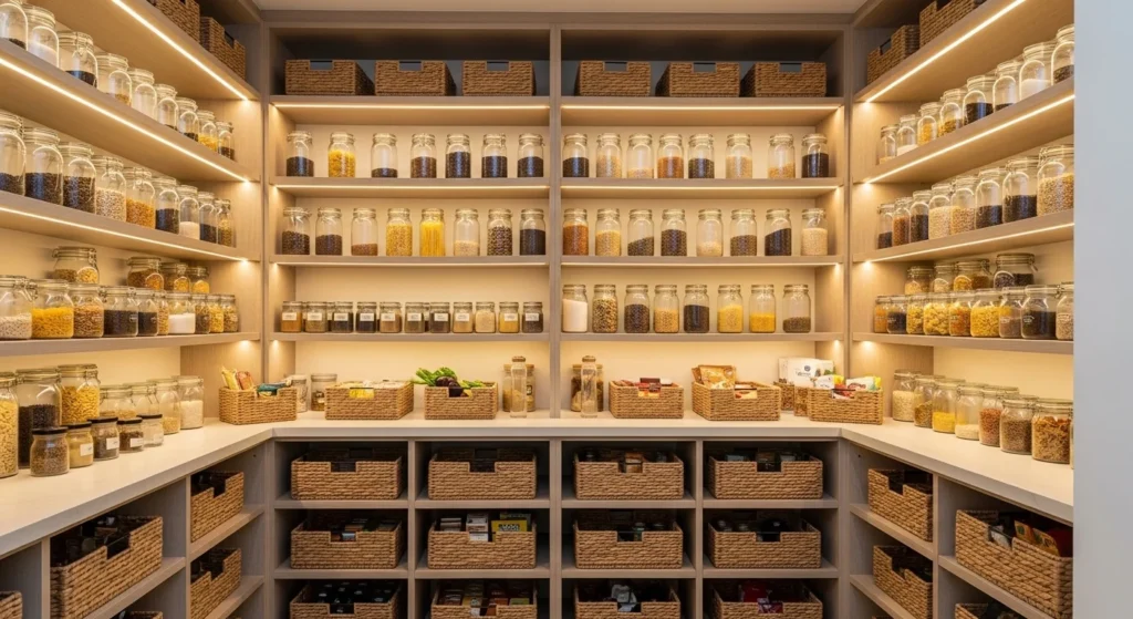 Modern walk-in pantry with organized shelving, neutral colors, and smart storage solutions designed for stylish 2026 homes
