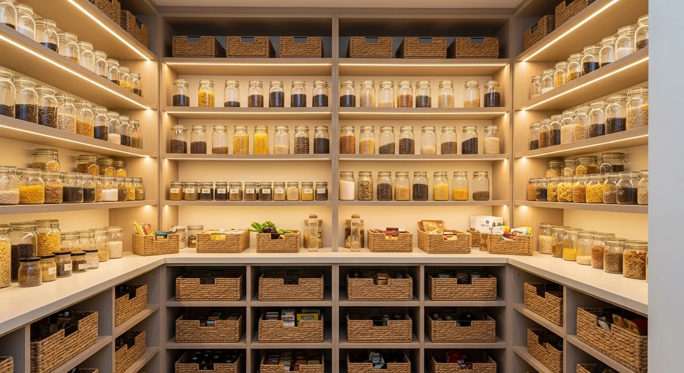 Modern walk-in pantry with organized shelving, neutral colors, and smart storage solutions designed for stylish 2026 homes