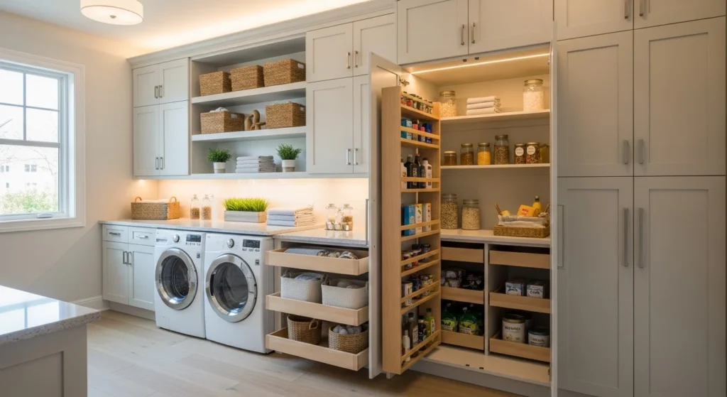 Modern laundry room with pantry storage cabinets and organized shelves designed for 2026 home interiors