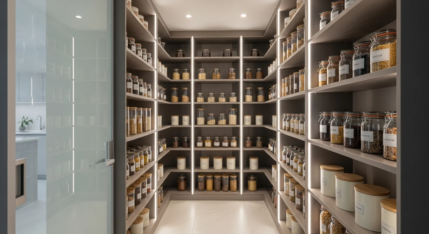 Modern narrow walk-in pantry ideas for 2026 with smart shelving and organized storage
