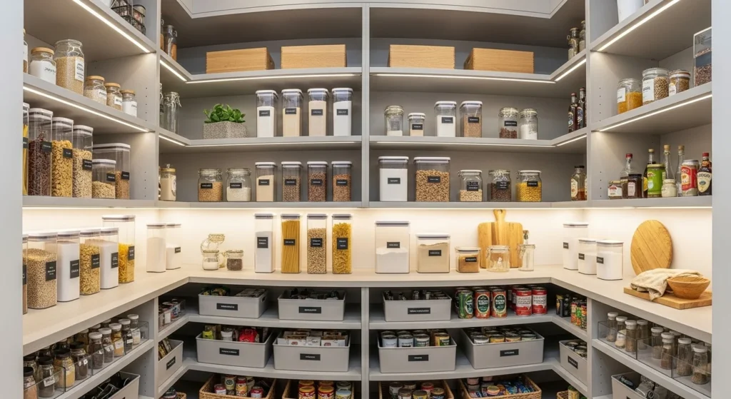 Neatly organized modern pantry with clear containers, labeled storage, neutral colors, and efficient shelving for a 2026 kitchen
