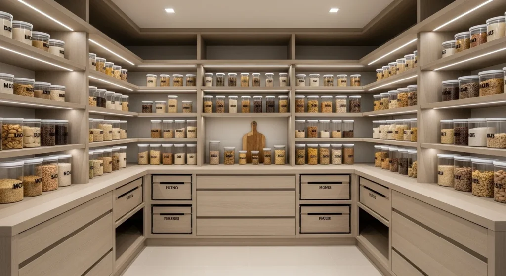 Modern walk-in pantry with floor-to-ceiling shelves, clear containers, integrated lighting, and organized storage designed for 2026 homes