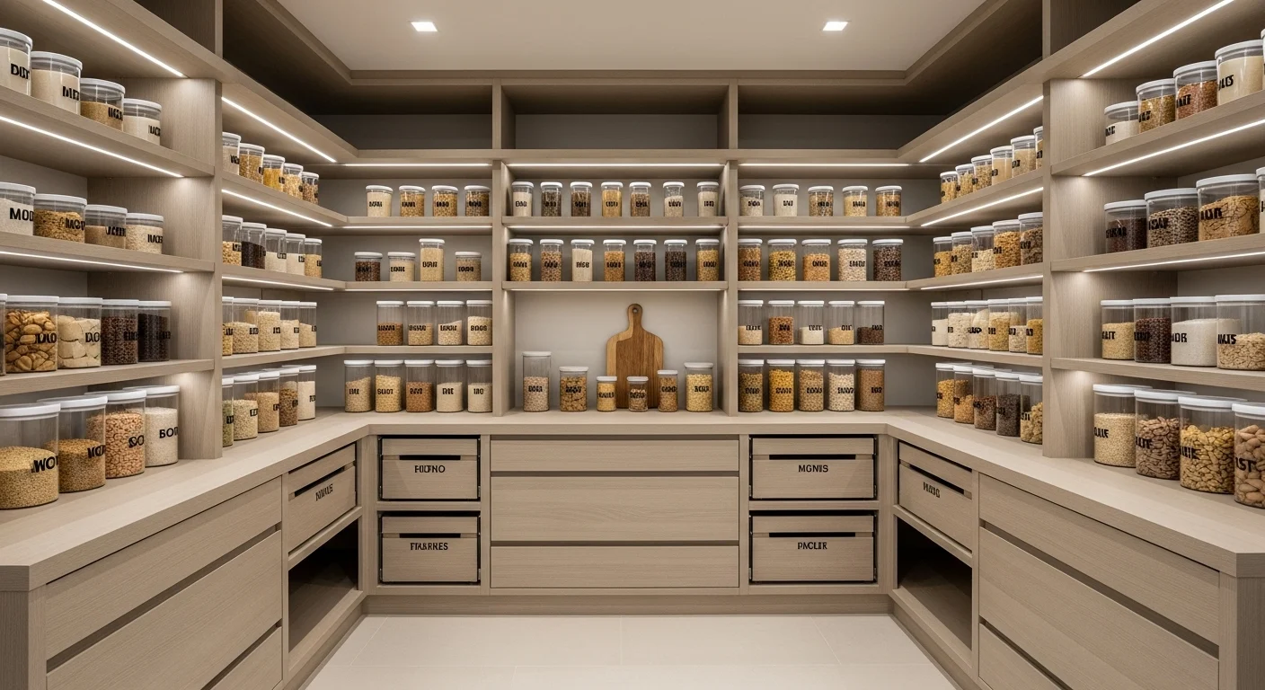 Modern walk-in pantry with floor-to-ceiling shelves, clear containers, integrated lighting, and organized storage designed for 2026 homes
