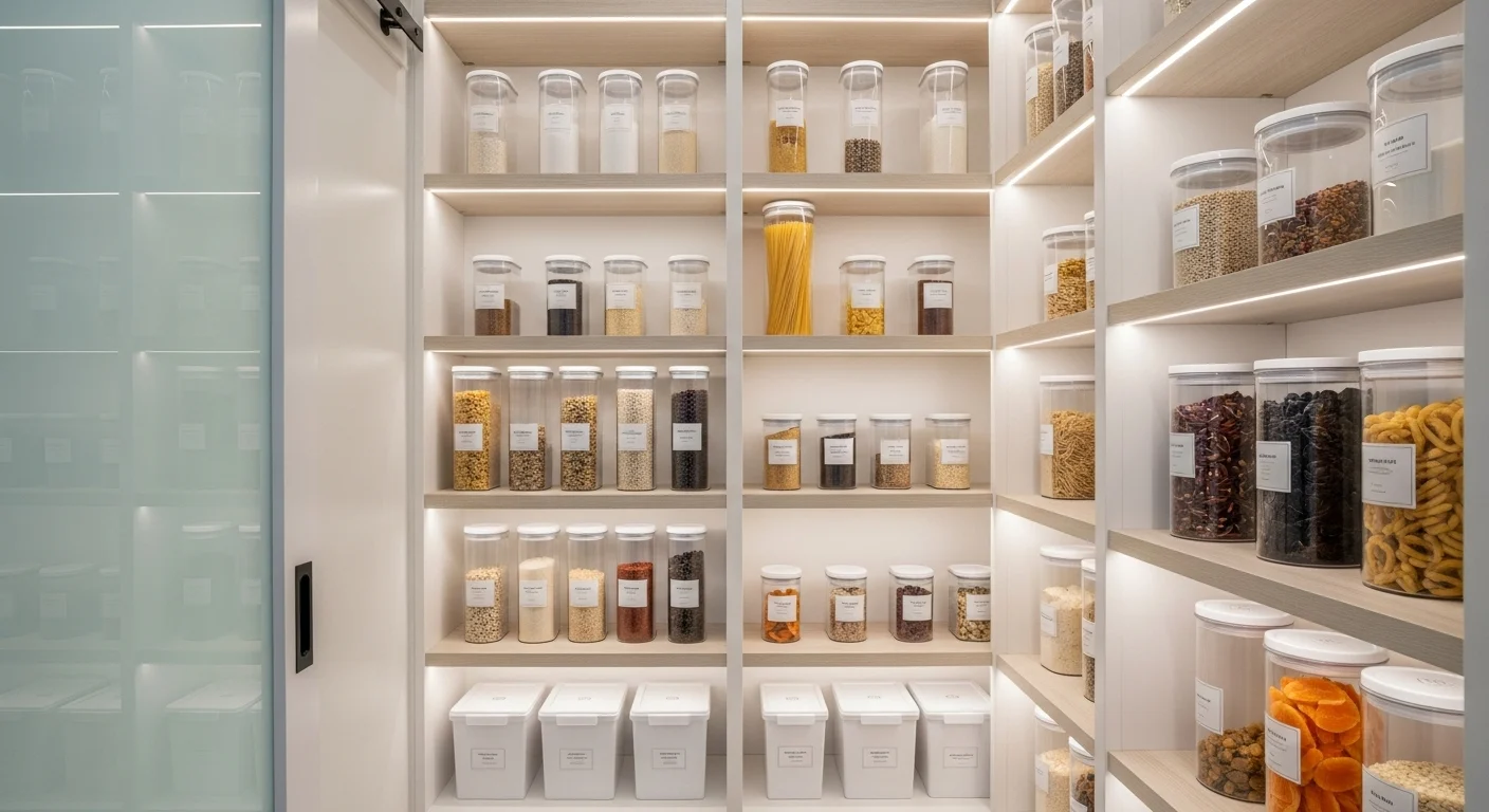 Small modern pantry with floor-to-ceiling shelves, clear containers, light neutral colors, and efficient storage designed for 2026 homes