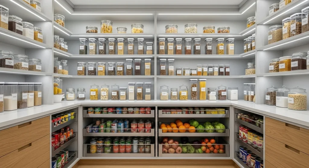 Modern food storage pantry with organized shelves, clear containers, neutral colors, and efficient layout for 2026 kitchens