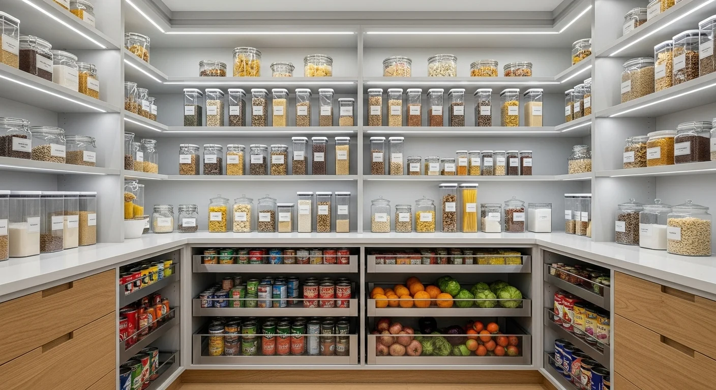 Modern food storage pantry with organized shelves, clear containers, neutral colors, and efficient layout for 2026 kitchens