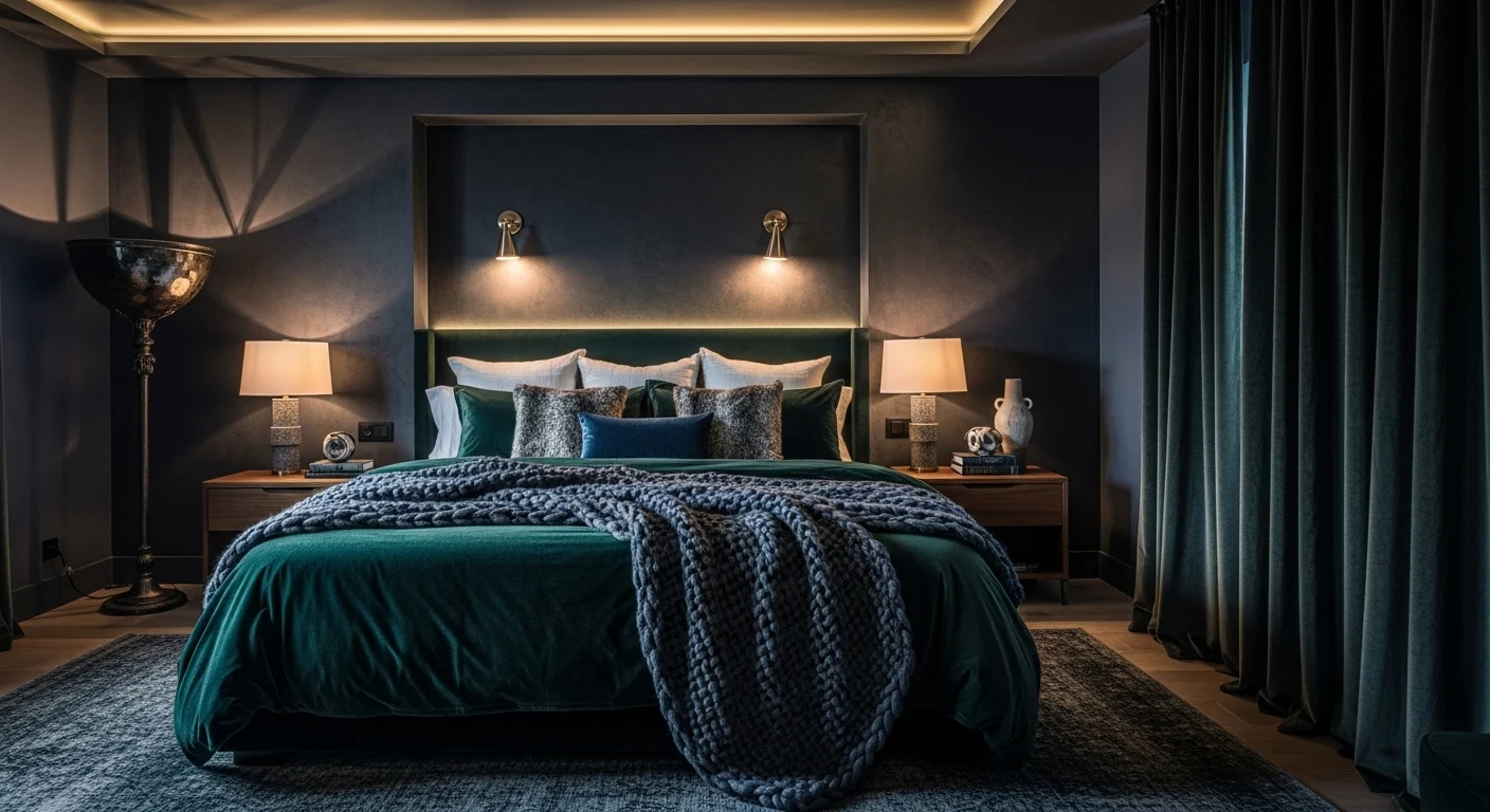 Moody bedroom design ideas for 2026 featuring dark tones and dramatic lighting