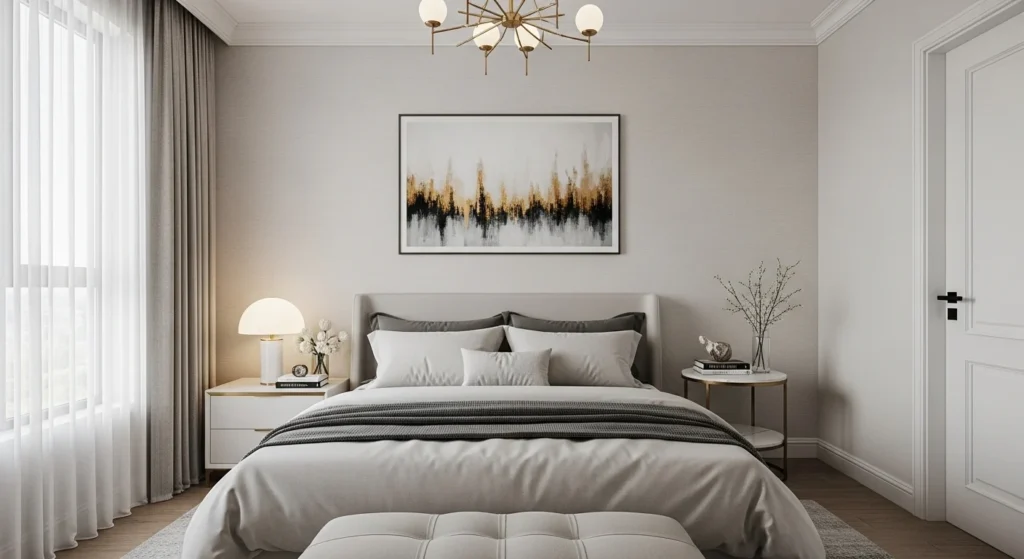 Luxury tufted upholstered bedroom bench placed at the foot of a modern bed