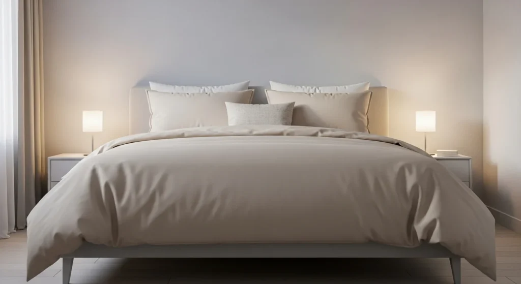 Neutral beige queen comforter bedroom set creating a calm minimalist bedroom interior