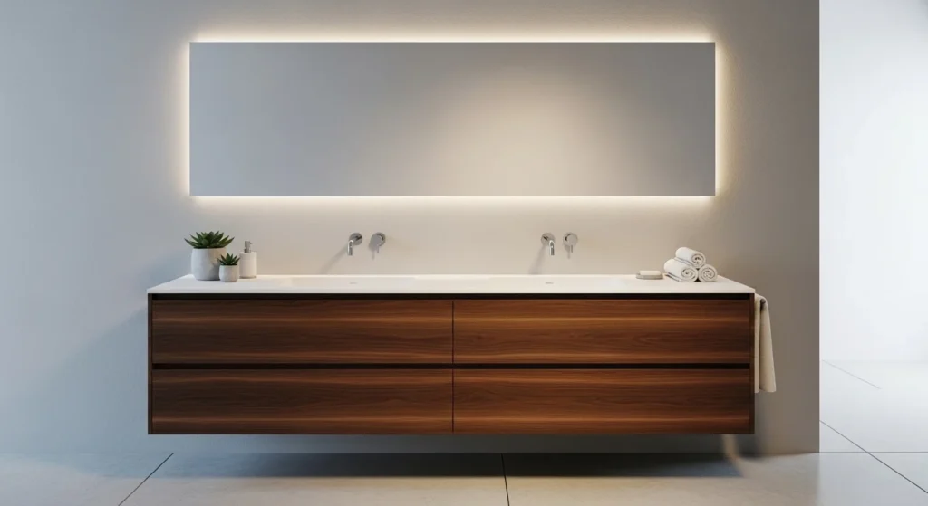 Modern floating bathroom cabinet mounted on wall with minimalist vanity and open floor space