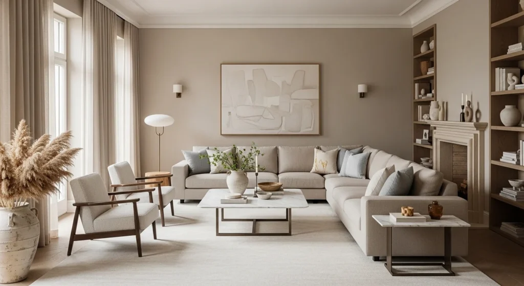 Classy neutral living room with beige tones and soft modern decor