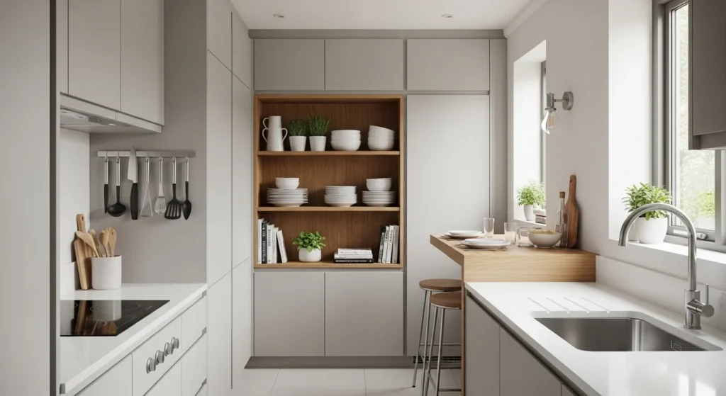 Small kitchen using vertical wall storage with shelves and tall cabinets for maximum space