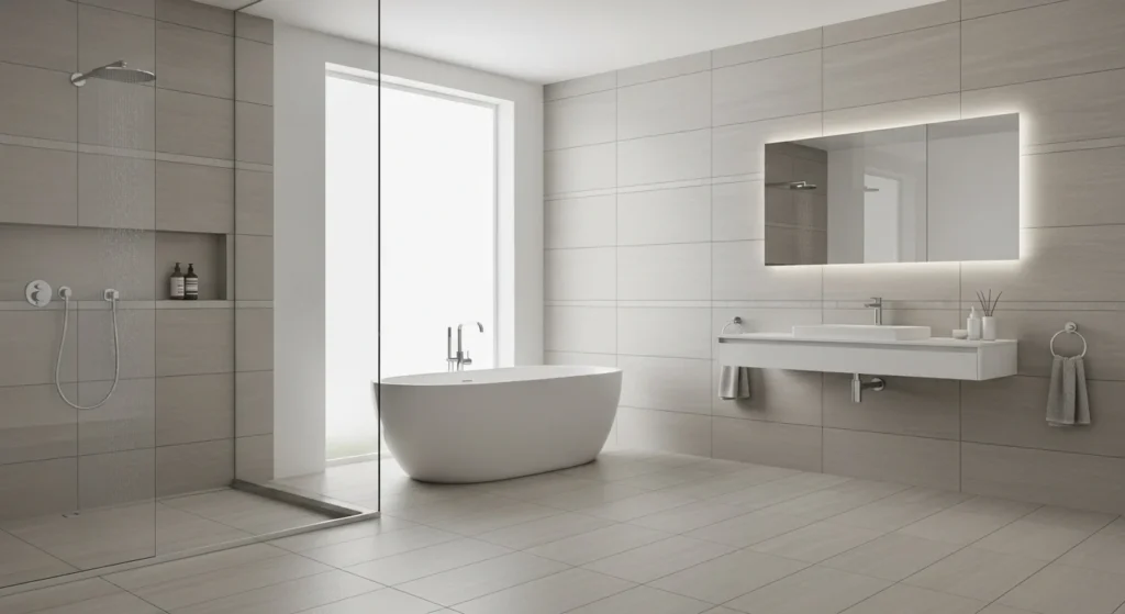 Modern bathroom with large format tiles creating seamless and spacious look