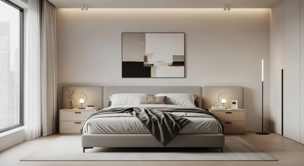 Minimalist bedroom set with sleek furniture, neutral colors and clean modern design