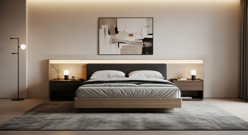 Minimal king bedroom set with clean lines, neutral colors and modern furniture layout