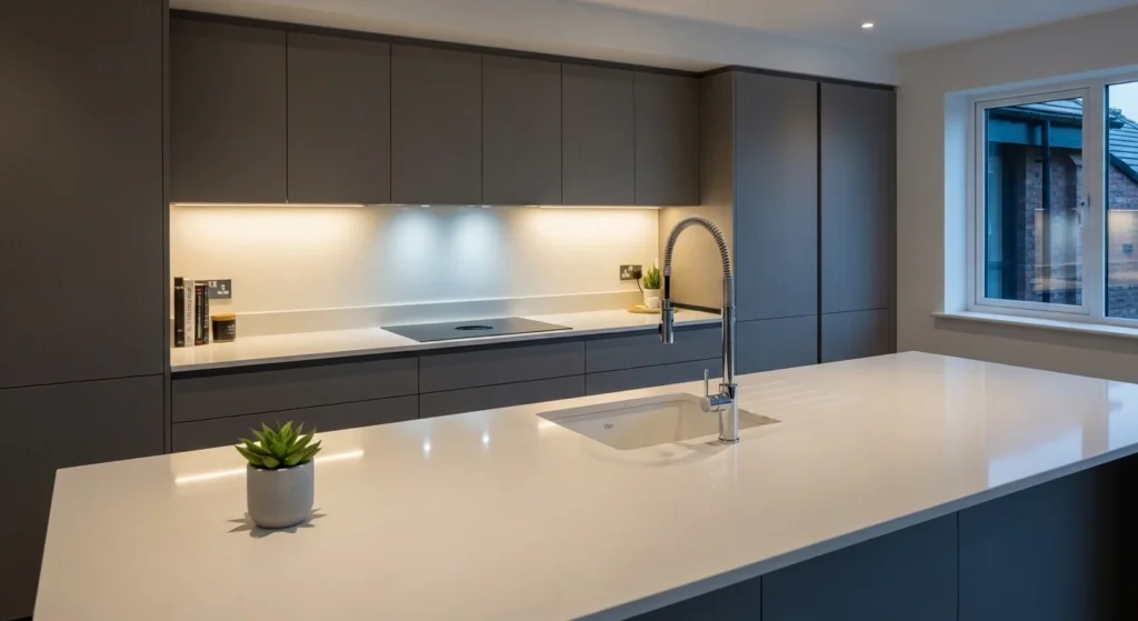Modern kitchen with quartz countertop featuring clean and seamless finish