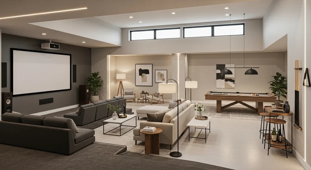 Spacious basement combining a lounge, home theater, and game area in modern 2026 style