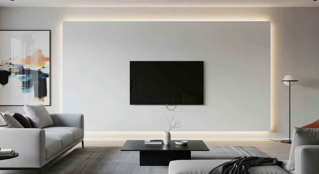 minimalist tv wall with clean white panel, wall mounted tv and hidden wiring