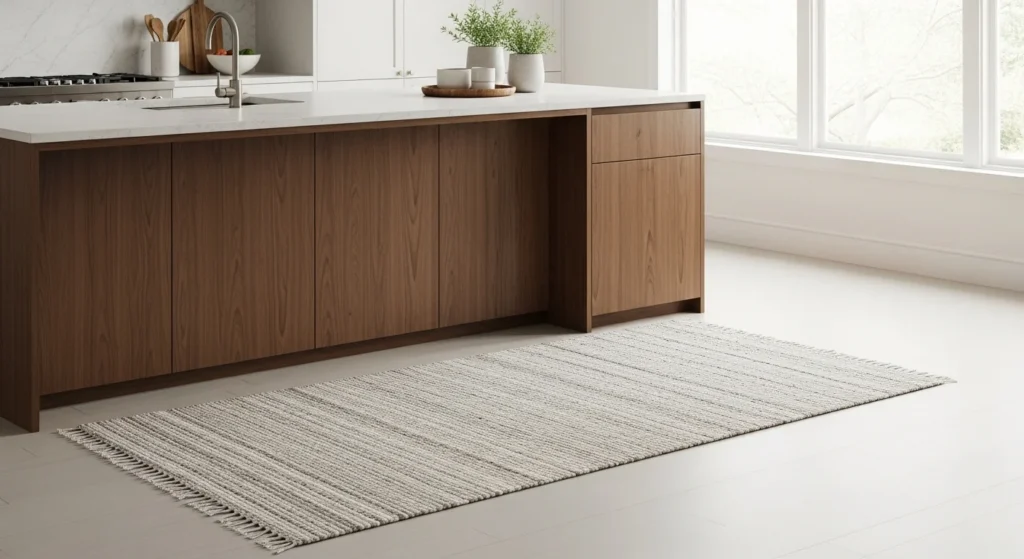 Neutral woven rug placed on kitchen floor adding warmth and texture to a modern kitchen
