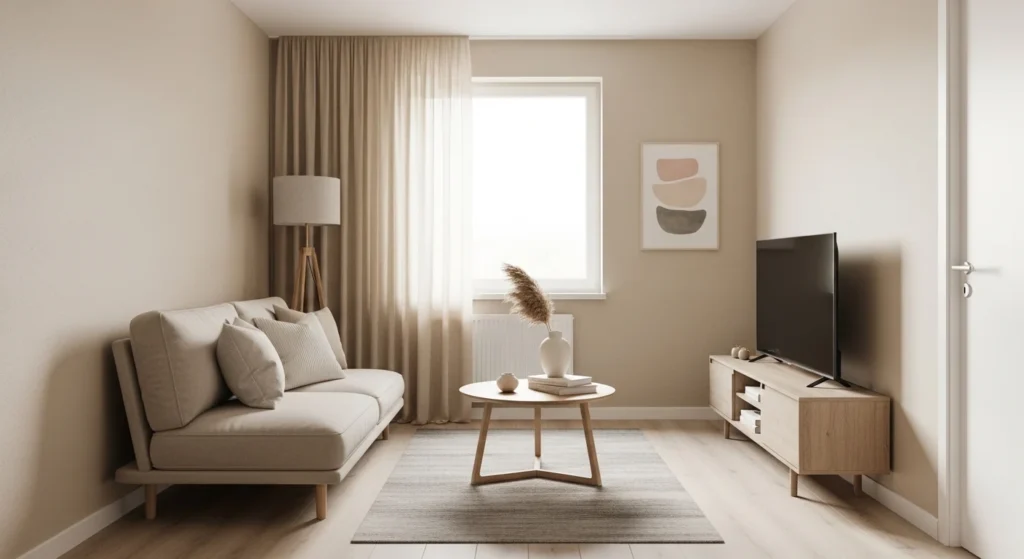 Small apartment living room with neutral beige walls and furniture, bright and airy interior