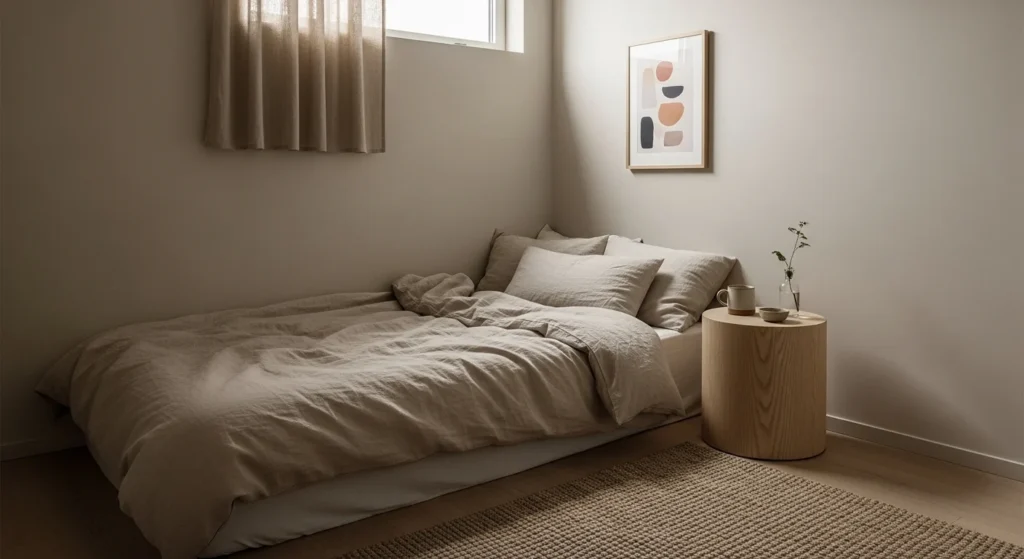 Small bedroom with neutral tones and minimalist decor creating a calm and spacious look