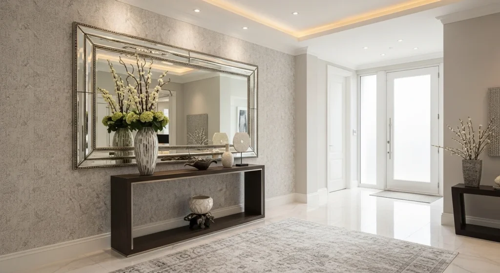 Modern foyer with large decorative statement mirror above console table