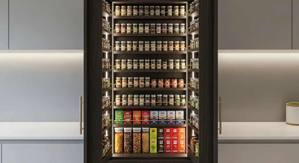 Tall vertical shelving pantry in a small kitchen for organized storage of jars and groceries