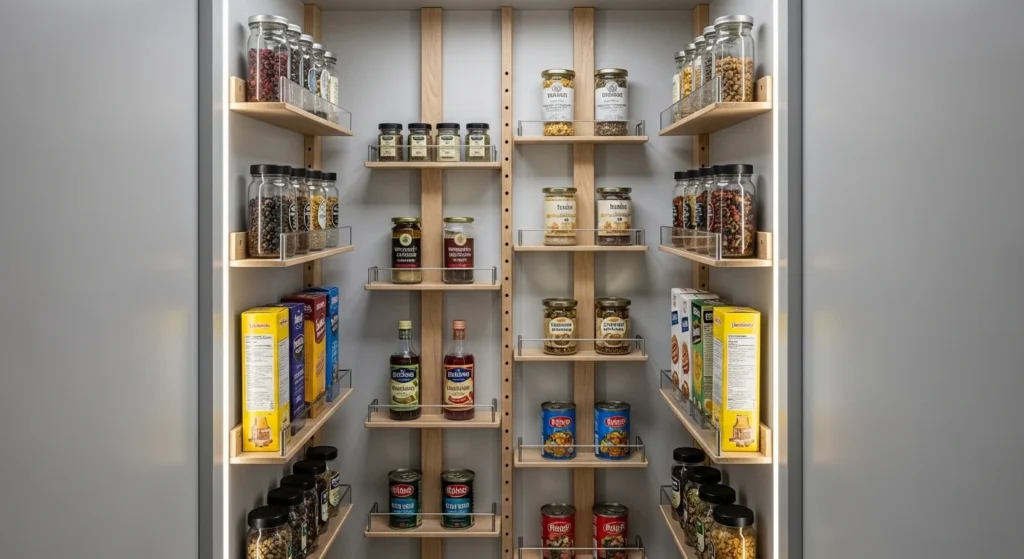 Tall narrow pantry shelves maximizing vertical storage in a small kitchen pantry