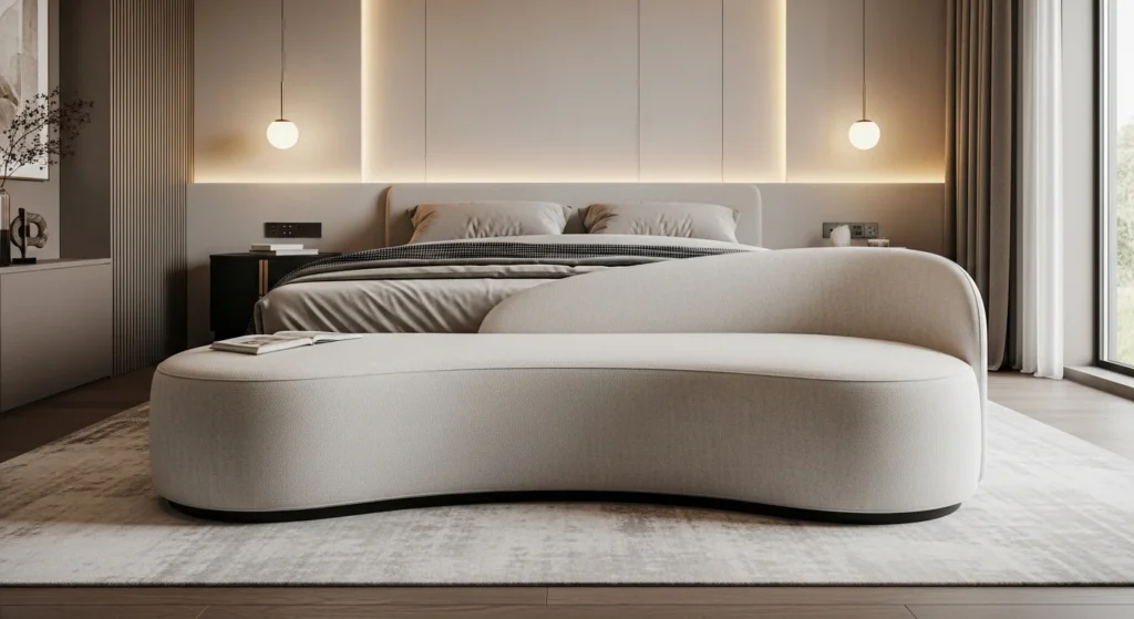 Modern curved upholstered bedroom bench adding stylish seating to bedroom