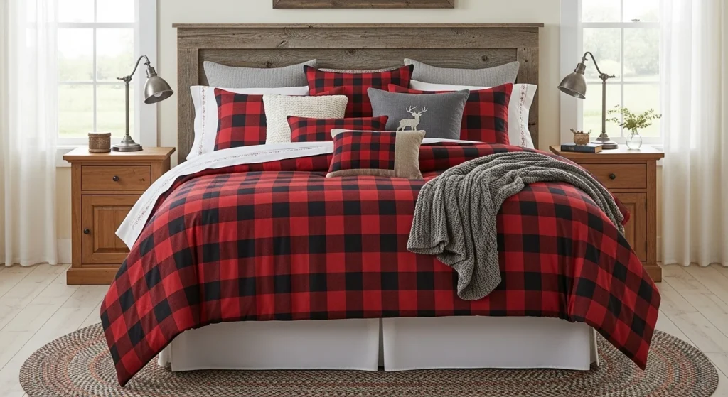Cozy farmhouse style queen comforter bedding with plaid and rustic textures