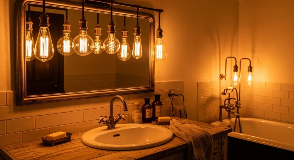 Rustic bathroom lighting with vintage Edison bulbs creating warm glow