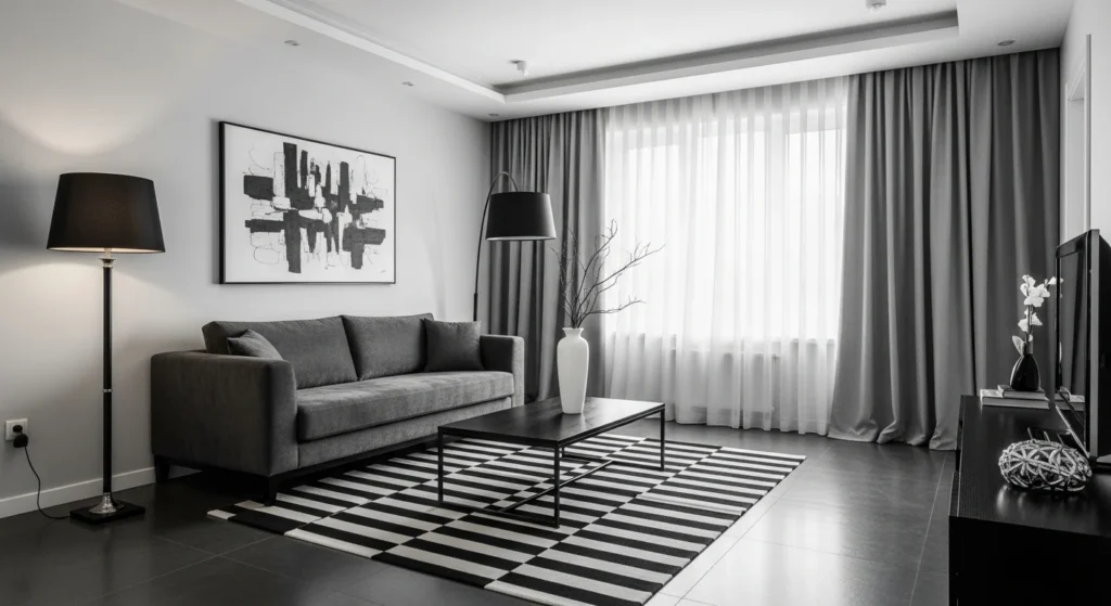 Stylish black and white living room with modern contrast design